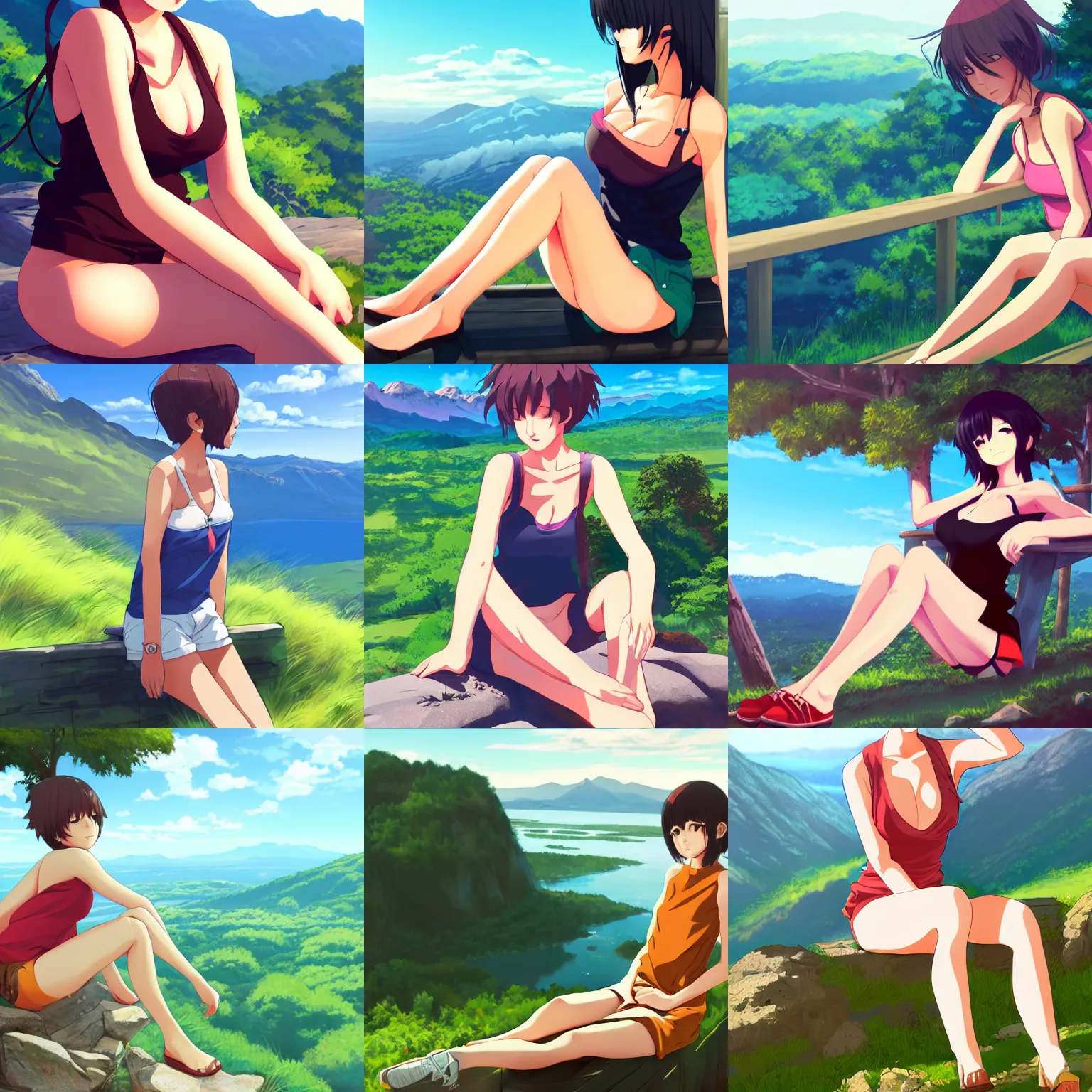 Prompt: sexy girl wearing a shorts and a low cut tanktop, sitting down, scenic view, mountain landscape, artstyle : high definition anime and ilya kuvshinov