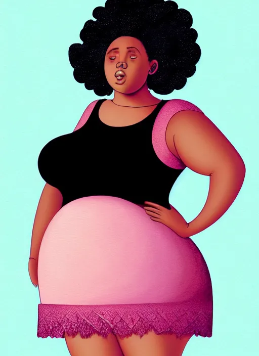 Image similar to full body portrait, teenage vanessa morgan, pink hair, obese, curly pixie hair, sultry, realistic, short hair, hoop earrings, skirt, shirt, fat, belly, black girl, intricate, elegant, highly detailed, digital painting, artstation, concept art, smooth, sharp focus, illustration, art by wlop, mars ravelo and greg rutkowski