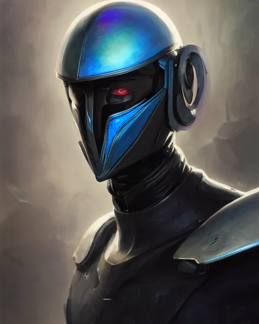Image similar to character portrait of iridescent sinewy smooth muscular male sleek glossy bluish black pearlescent scifi armor with smooth black featureless helmet, by greg rutkowski, mark brookes, jim burns, tom bagshaw, magali villeneuve, eve ventrue, trending on artstation