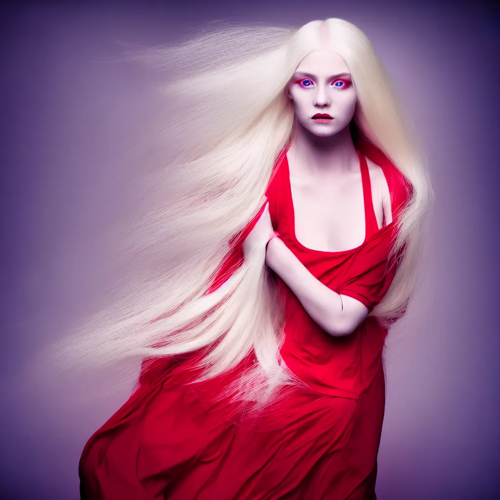 Prompt: a young woman with long blond hair dressed in long white, fine art photography light painting in style of Paolo Roversi, professional studio lighting, dark red background, hyper realistic photography, fashion magazine style
