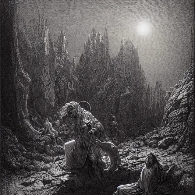 Image similar to etching by Franklin Booth and Gustav Doré showing frightened sorcerer in the desert by night, surrounded by nightmares in the shadows, mystic athmosphere, by Greg Rutkowski, deformed rocks, snakes, scorpions, UHD, 8K,