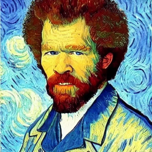 Image similar to ! bob ross! at his easel, painting a van gogh picture