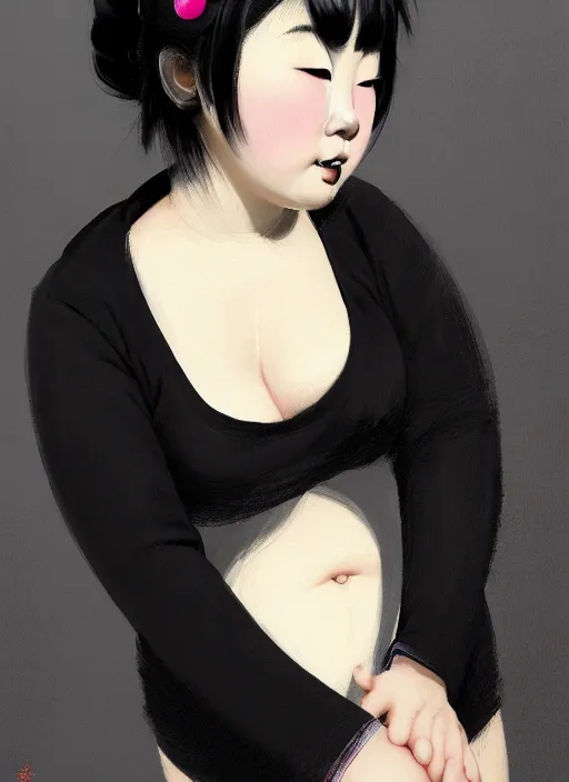 Prompt: portrait of a plump japanese woman with a crooked nose and a confident expression, 1 9 6 0 s, black clothes, goth, punk, brightly coloured hair, funk, intricate, elegant, highly detailed, digital painting, artstation, concept art, smooth, sharp focus, illustration, art by wlop, mars ravelo and greg rutkowski