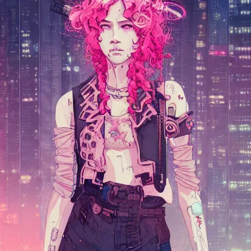 Image similar to portrait of a grungy cyberpunk anime in magic pose, very cute, by super ss, cyberpunk fashion, curly pink hair, night sky by wlop, james jean, victo ngai, muted colors, highly detailed