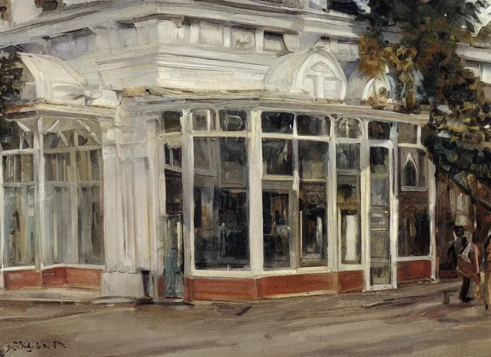 Prompt: artwork painting of the storefront front of a building by ivan shishkin, john singer sargent