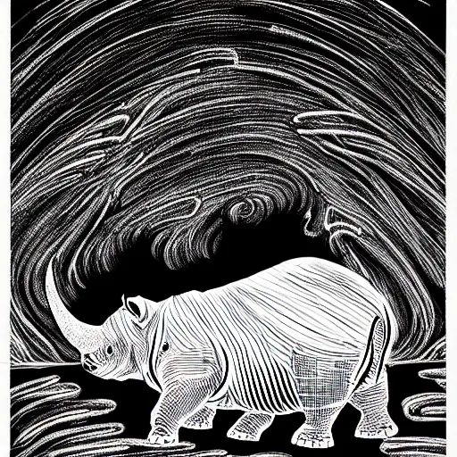 Image similar to black and white trippy comic art of a rhino, lots of particles, drawn by Martin Rowson, Tim Burton, Studio Ghibli, Alex Pardee, Nekro Petros Afshar, James McDermott, cgsociety 4K