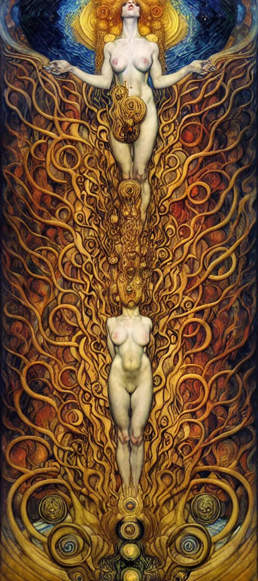 Image similar to Divine Chaos Engine by Karol Bak, Jean Delville, William Blake, Gustav Klimt, and Vincent Van Gogh, symbolist, visionary