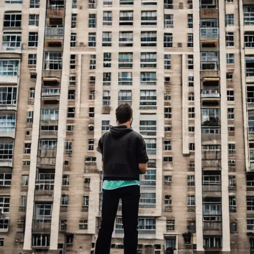 Prompt: a person standing in front of a tall building, 8K, photograph