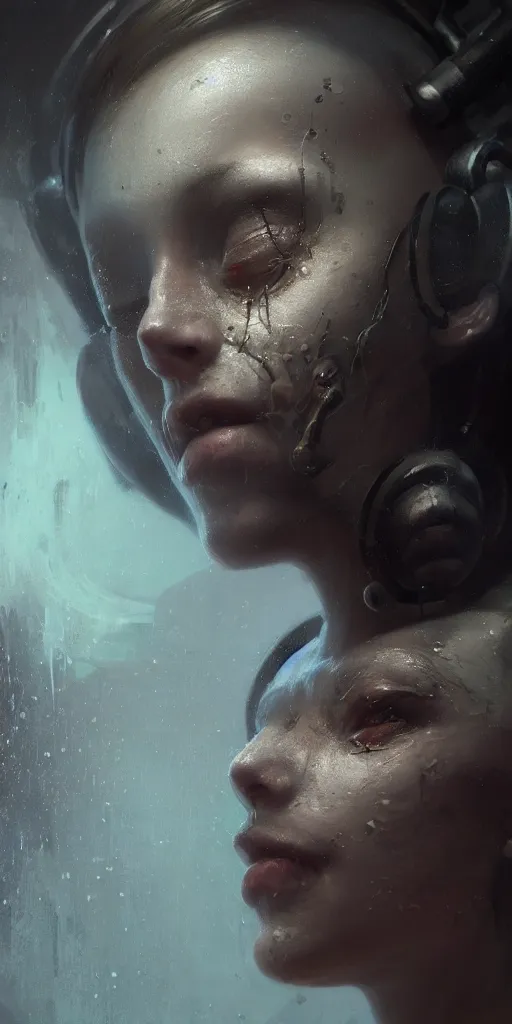 Image similar to close up face portrait of a machine dreaming with it's eyes open in a bathtub inside of a apocalyptic bathroom, extremely detailed digital painting, in the style of fenghua zhong and ruan jia and jeremy lipking and peter mohrbacher, mystical colors, rim light, beautiful lighting, 8 k, stunning scene, raytracing, octane, trending on artstation