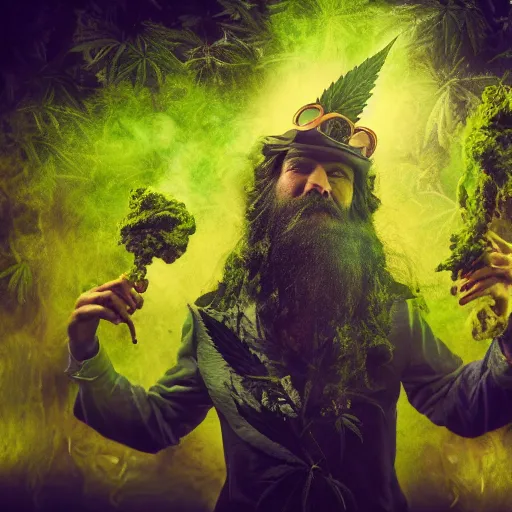 Image similar to personification of marijuana, award winning professional photography, epic high fantasy, high times, 8 k