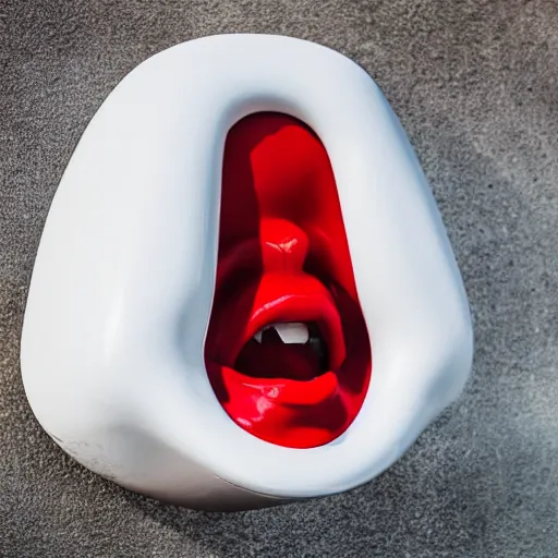 Prompt: a urinal in the shape of a mouth with red lips, white teeth and a tongue