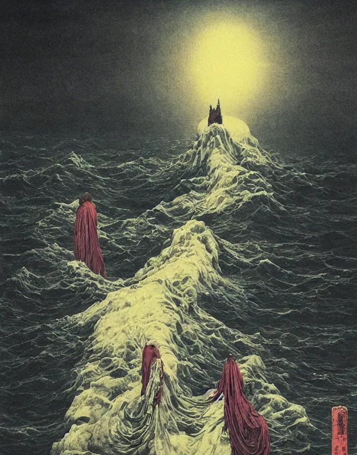 Image similar to worshippers in tattered robes belonging to the cult of the lighthouse standing in waves, a lighthouse, high detailed beksinski painting, part by adrian ghenie and gerhard richter. art by takato yamamoto. masterpiece, deep dark colours