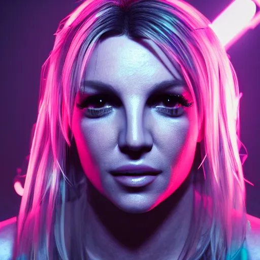 Image similar to britney spears portrait, Cyberpunk 2077, ultra photorealistic, cybernetic body parts, neon, octane, bokeh, 8k