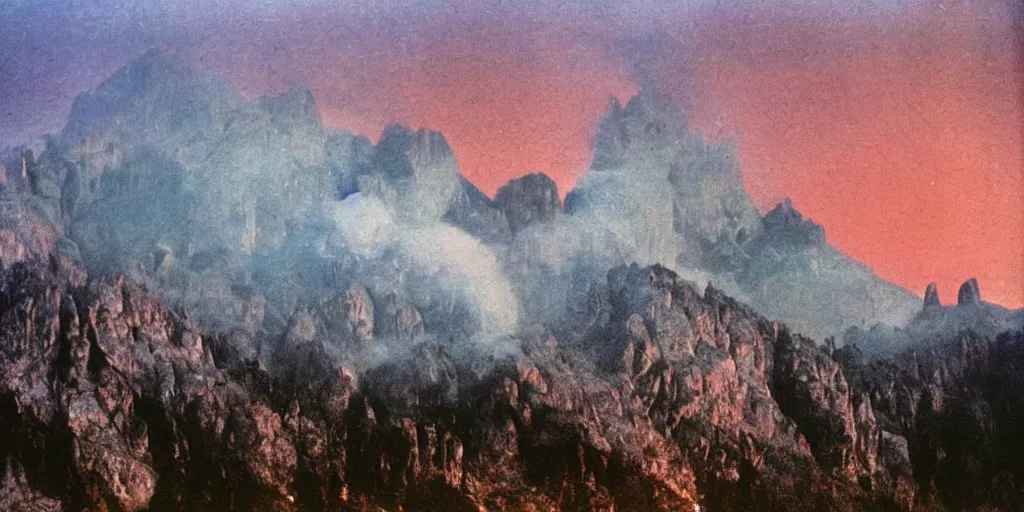 Prompt: 1 9 2 0 s color spirit photography 9 1 1 1 2 1 of alpine red sunrise in the green dolomites, smoke from mountains, roots, by william hope, beautiful, dreamy, grainy