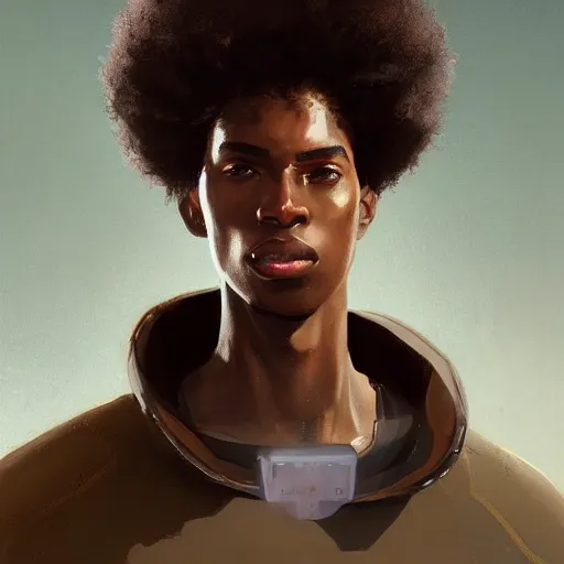 Image similar to portrait of a man by greg rutkowski, he is about 2 0 years old, mixture between afroamerican and japanese, afro hair, young, very tall and slender, he is wearing a futuristic police gear, highly detailed portrait, digital painting, artstation, concept art, smooth, sharp foccus ilustration, artstation hq