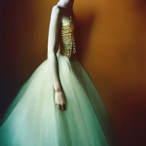 Image similar to Fashion photography of a woman wearing the most original dress in the world, artistic photography, insanely detailed, chiaroscuro, cinestill 800t, Vogue magazine