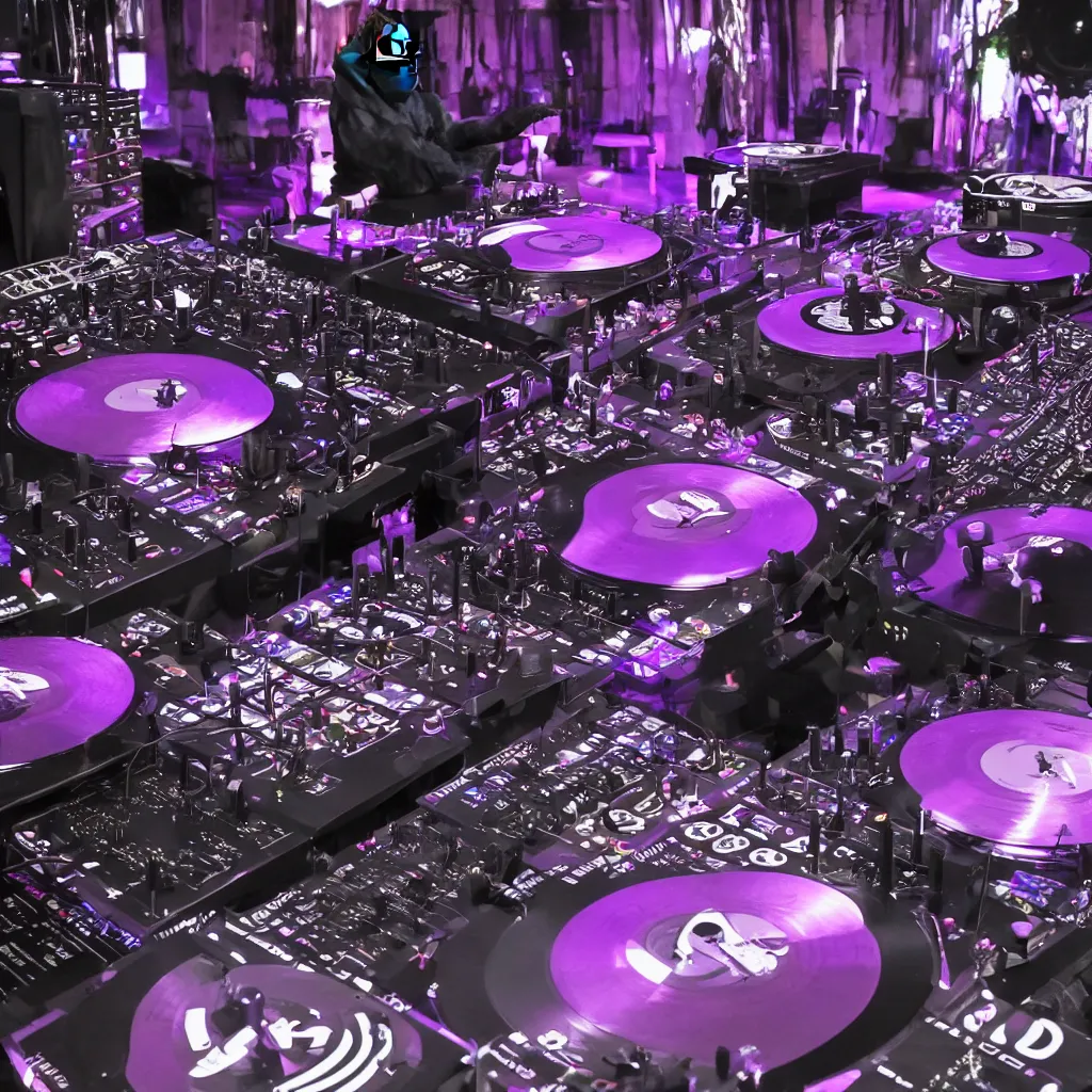 Image similar to violet chimpanzee dj turntables in a dark warehouse huge eyeballs subwoofers big black trees in the background