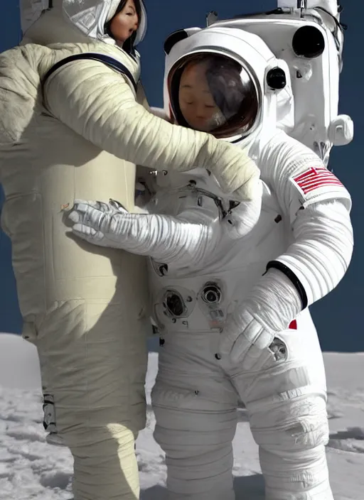 Image similar to a polar bear astronaut with a beautiful woman, by wu daozi, qiu ying