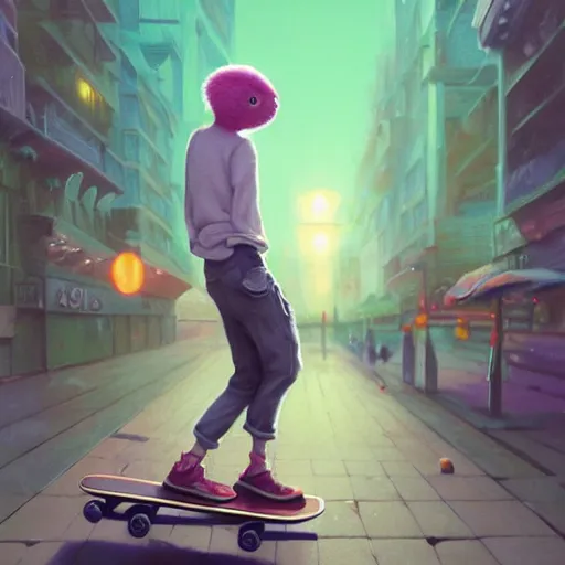 Image similar to highly detailed vfx character of a skateboarding tennis ball monster, skateboard stephen bliss, chalk, unrealengine, greg rutkowski, loish, rhads, beeple, chalk, makoto shinkai and lois van baarle, ilya kuvshinov, rossdraws, tom bagshaw, basil gogos