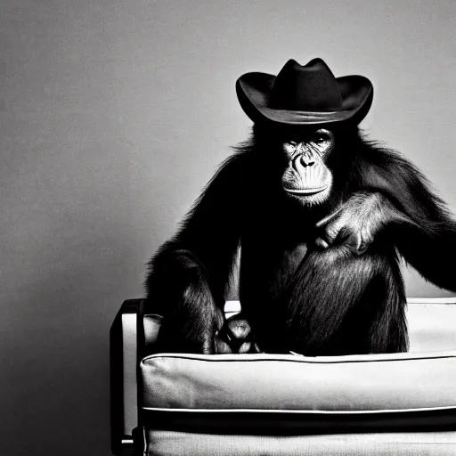 Image similar to photo of a chimpanzee wearing a cowboy hat sitting on le corbusier couch, 5 0 mm, beautiful photo