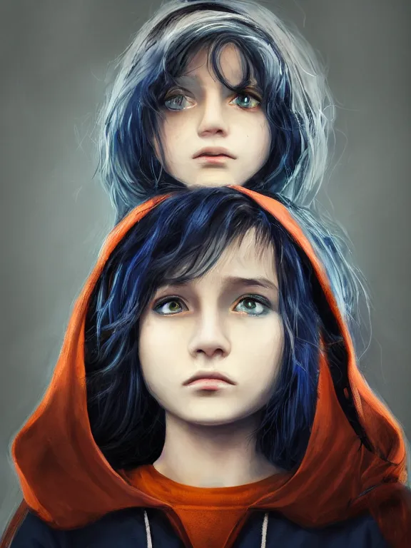 Prompt: portrait art of a twelve years old girl with orange eyes, dark blue bob cat length curly dark blue dyed hair with a thoughtful expression wearing a black hoodie with white eyes ornament 8k ultra realistic, lens flare, atmosphere, glow, detailed,intricate, full of colour, cinematic lighting, trending on artstation, 4k, hyperrealistic, focused, extreme details,unreal engine 5, cinematic, masterpiece