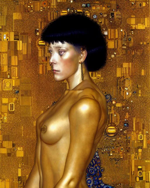 Prompt: Golden Portrait of a Cyborg from Ghost in the shell by Gustav Klimt, cyberpunk noir, baroque elements, intricate artwork by caravaggio, aesthetic, intricate, elegant, highly detailed, masterpiece