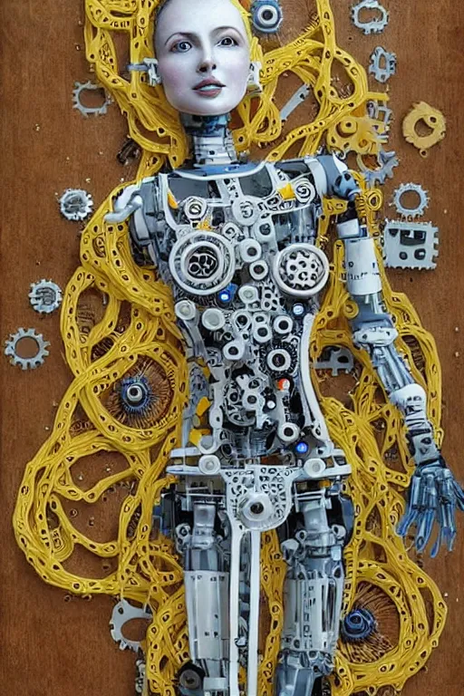 Image similar to a highly detailed retro futuristic female android with gears and other mechanical parts made out of pasta going for a walk outside, a robot made out of pasta, arms made out of spaghetti, eyes made out of macaroni, painting by Johanna Martine and Julie Bell