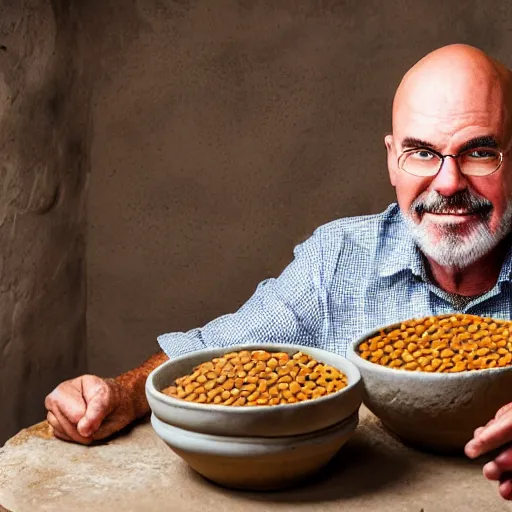 Prompt: portrait of Dave Ramsey eating a bowl of lentils in a clay hut, 4K ultra realistic