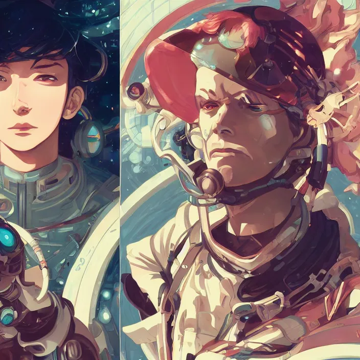 Image similar to anime portrait space pirate captain, futuristic science fiction, mucha, hard shadows and strong rim light, art by jc leyendecker and atey ghailan and sachin teng