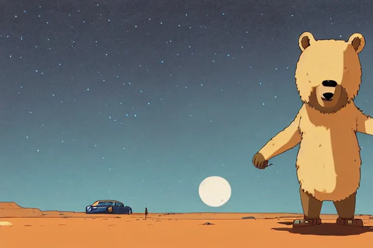 Image similar to a study of a cell shaded cartoon bear getting drunk on a desert road in front of a big moon, full body, wide shot, very muted colors, post grunge, studio ghibli, laurie greasley, highly detailed, deviantart, art by artgem