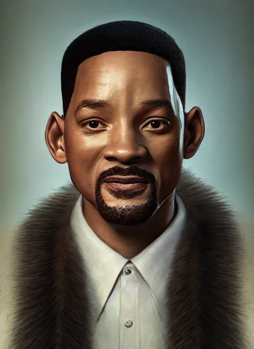 Image similar to anthropomorphic portrait of will smith as half goat, au naturel, hyper detailed, digital art, trending in artstation, cinematic lighting, studio quality, smooth render, unreal engine 5 rendered, octane rendered, art style by klimt and nixeu and ian sprigger and wlop and krenz cushart