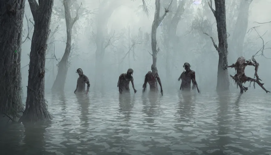 Image similar to Zombies coming out of the swamp, big fog, hyperdetailed, artstation, cgsociety, 8k