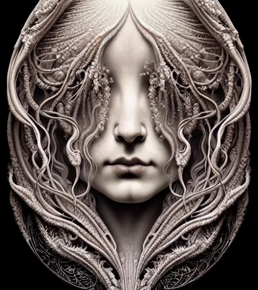 Image similar to detailed realistic beautiful porcelain moon goddess face portrait by jean delville, gustave dore, iris van herpen and marco mazzoni, art forms of nature by ernst haeckel, art nouveau, symbolist, visionary, gothic, neo - gothic, pre - raphaelite, fractal lace, intricate alien botanicals, ai biodiversity, surreality, hyperdetailed ultrasharp octane render