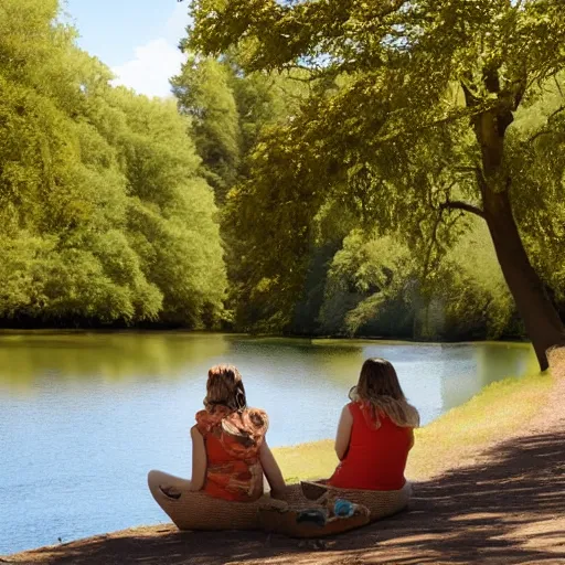 Prompt: Two sisters sitting on the bank, relaxing on a sunny day photograph, hyper-realistic, clear day, 8k resolution, maximum detail