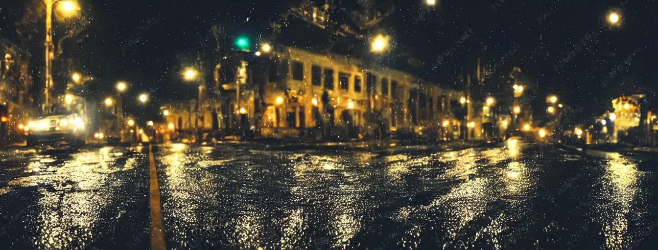 Prompt: beautiful photo, aspic on road, night, rain, modern street, lights, close up the fat frog on wet road