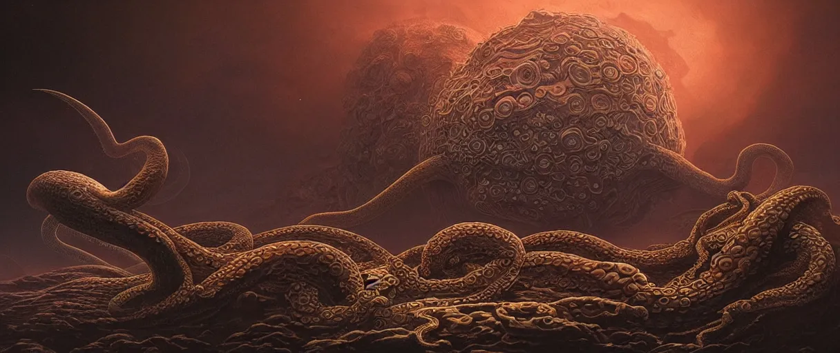 Prompt: detailed hyper realistic alien octopus demigod which looks deeply intimidating, menacing alien snake, floating island on a barren exoplanet, beautiful dramatic moody lighting, cinematic atmosphere, by Jean Giraud, Alex Grey, Zdzislaw Beksiński, Dan Mumford, Patiphan Sottiwilaiphong, Yintion J - Jiang Geping