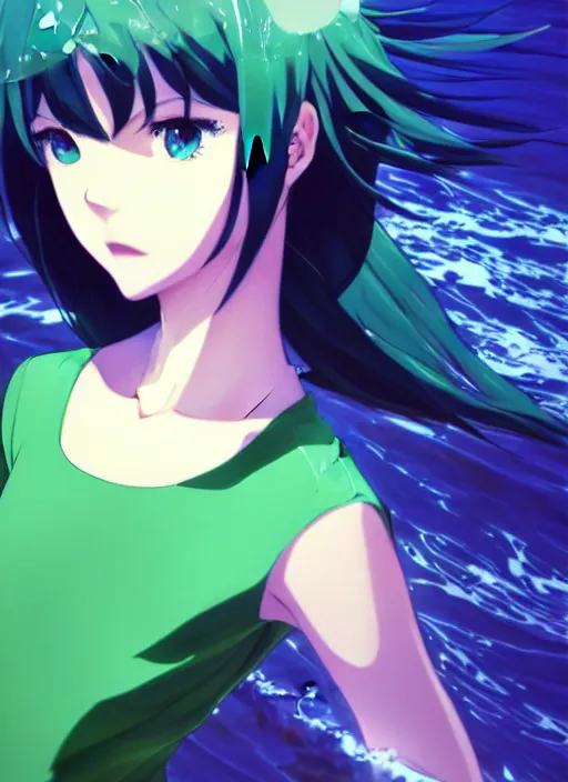 Image similar to makoto shinkai, artgerm, ilya kuvshinov, beautiful anime women with green dress, long blue hair, water powers water swirling, symmetrical face, symmetrical eyes, detailed, beach setting, cinematic lighting