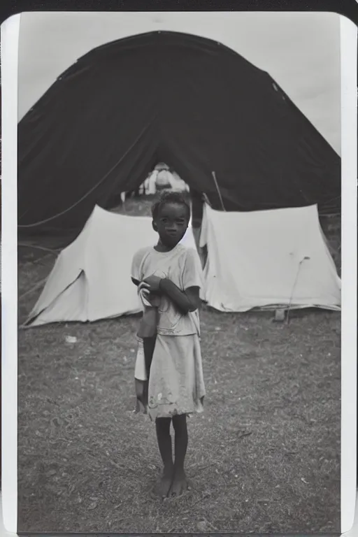 Image similar to photo polaroid of a sad and lonely child stands in the middle many tents of field hospitals, pandemic, covid,loneliness, black and white ,photorealistic, 35mm film,