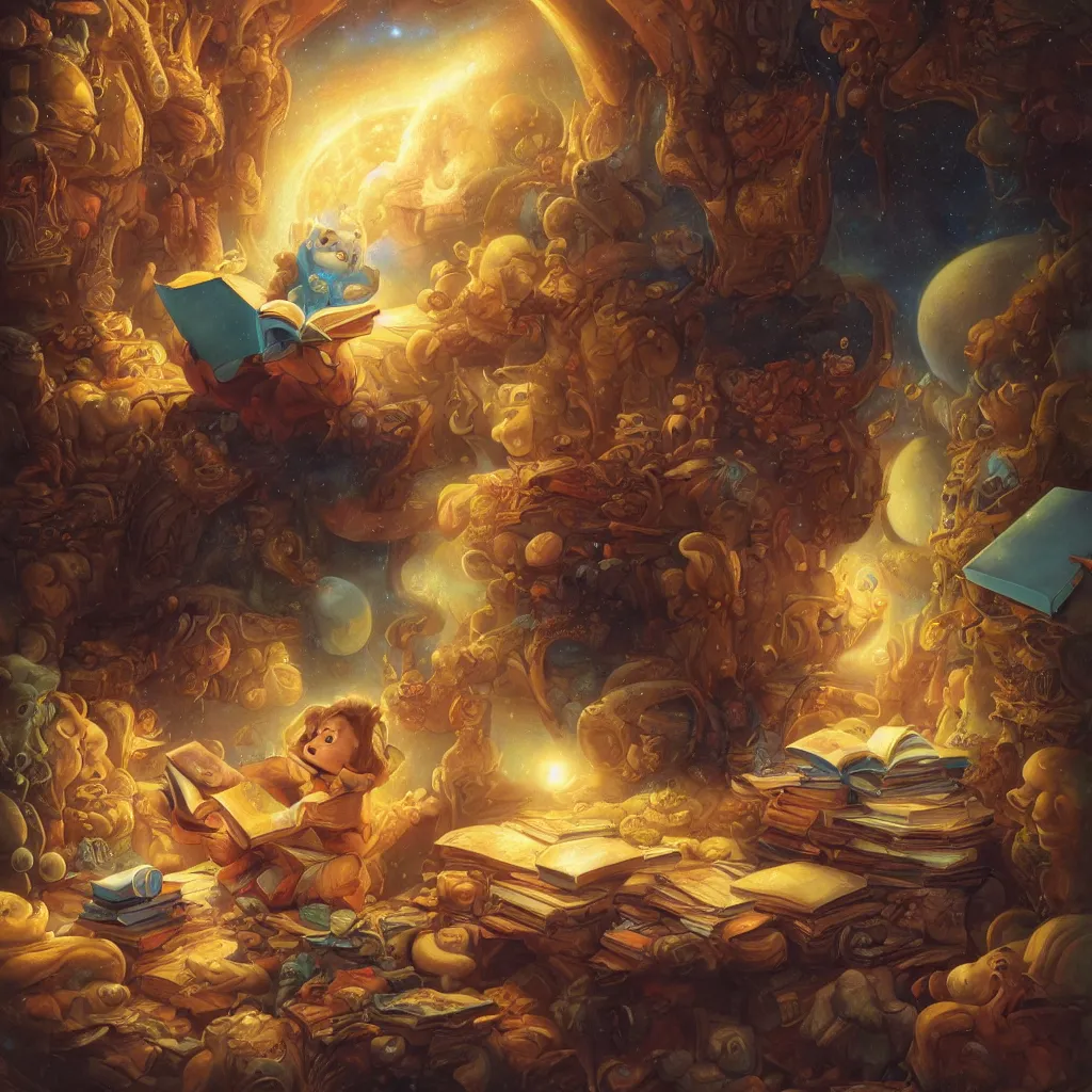 Prompt: A cosmic being reading books containing knowledge of the universe by Justin Gerard