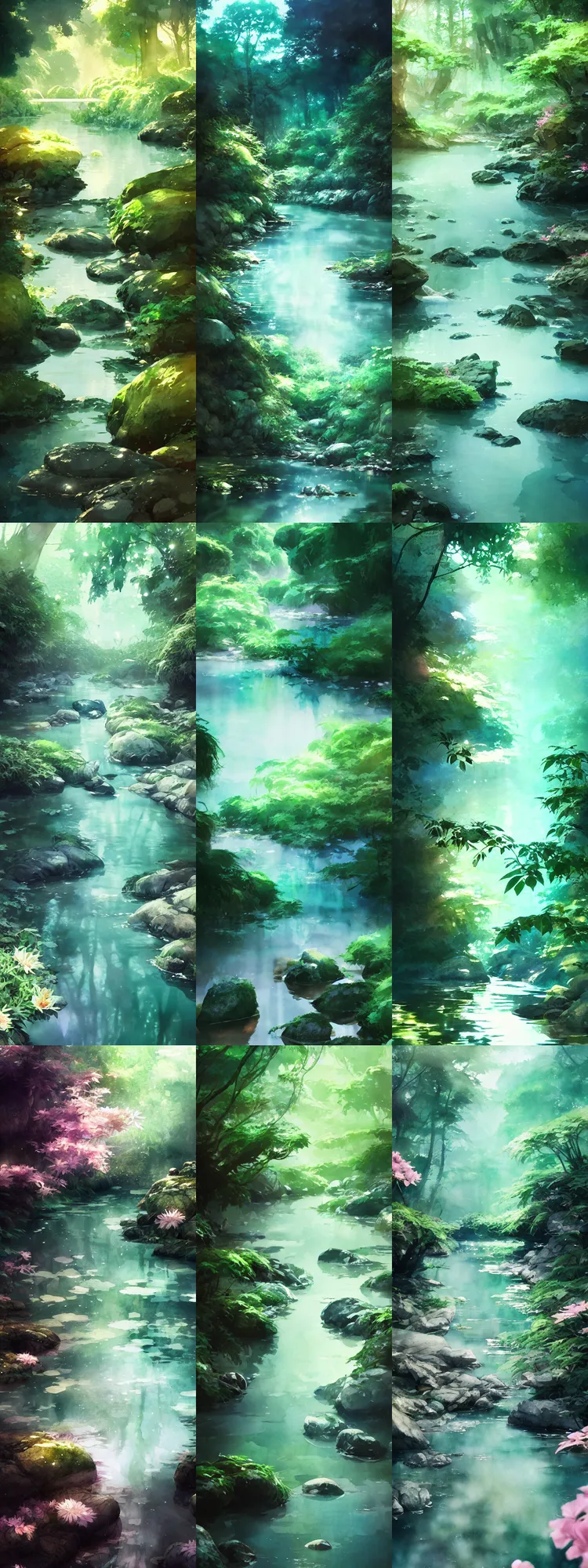 Prompt: skinny natural river stream clear aqua water, lush trees, plants, flowers, rocks, stones, plants, digital art, illustration, vibrant watercolor, wenjun lin, studio ghibli, pixiv, dreamy lighting, reflections, refractions, high camera angle, wide shot, film grain