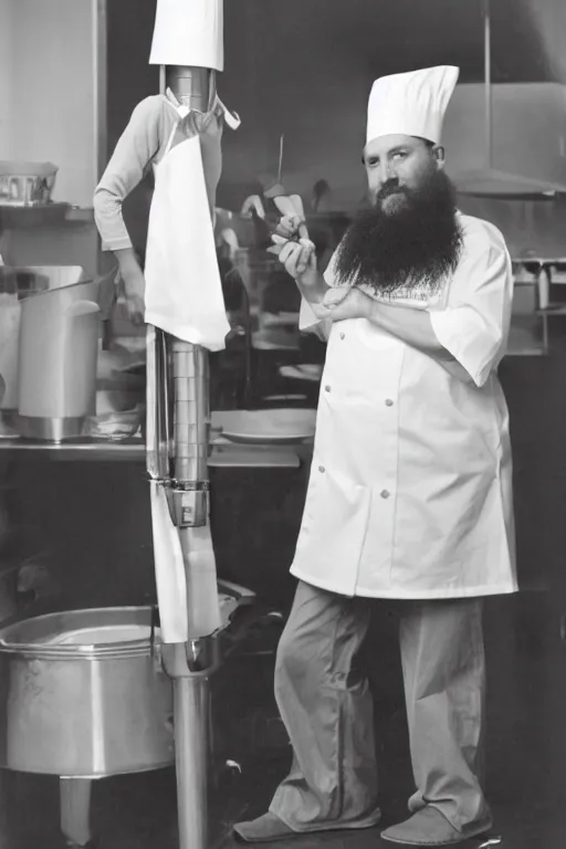 Prompt: A chef with a chef's hat taller than him, Ansel Adams