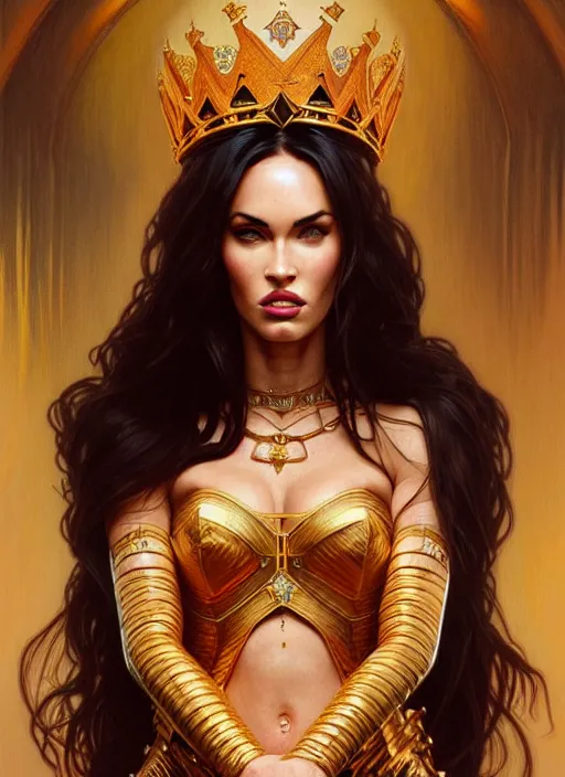 Image similar to portrait of megan fox as a queen, throne, jewelry, greek, orange, intricate, headshot, highly detailed, digital painting, artstation, concept art, sharp focus, cinematic lighting, illustration, art by artgerm and greg rutkowski, alphonse mucha, cgsociety