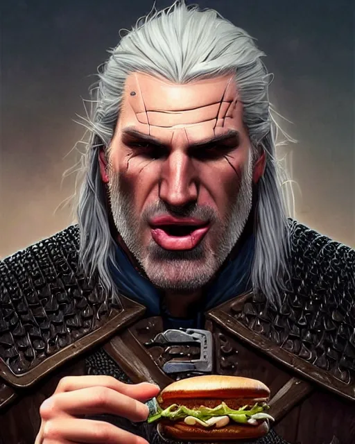 Image similar to portrait of geralt of rivia stuffing a hamburger in his mouth, fantasy, intricate, elegant, highly detailed, digital painting, artstation, concept art, smooth, sharp focus, illustration, by artgerm and greg rutkowski