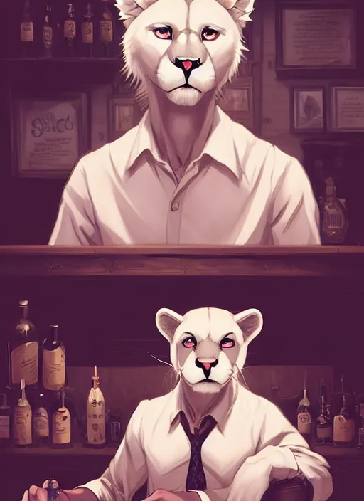 Prompt: beautiful portrait commission of a male furry anthro albino mountain lion wearing a dress shirt in an old-timey Saloon. Atmospheric. Character design by charlie bowater, ross tran, artgerm, and makoto shinkai, detailed, inked, western comic book art