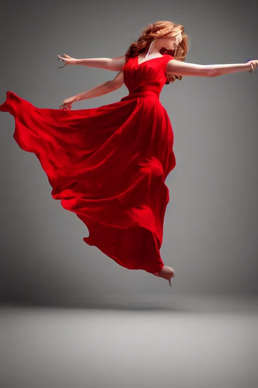 Image similar to woman dancing in a crimson summer dress, fashion magazine, elegant, dynamic movement, photorealistic camera shot, bright studio setting, studio lighting, crisp quality and light reflections