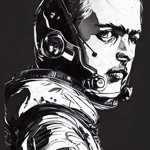 Image similar to portrait of an astronaut character in the style of Death Stranding by Yoji Shinkawa and Ashley Wood