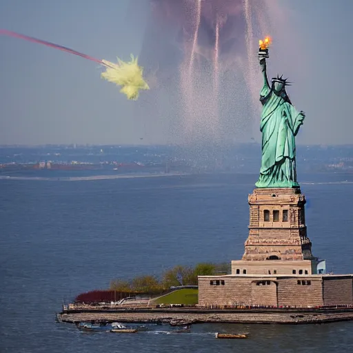 Prompt: disaster photography, blimp during collision into statue of liberty, full color, explosion, 8k, hd, high resolution