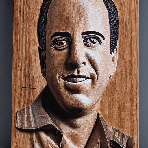 Image similar to Jerry Seinfeld's face carved un wood, detailed artwork, Masterpiece