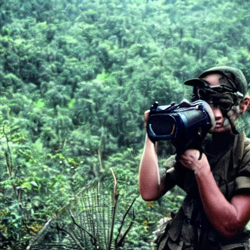 Prompt: film still, extreme far view, dirt road, emma watson, jungle, vietnam war soldier, apocalypse now, associated press, 2 6 mm, kodak ektachrome, blue tint expired film,