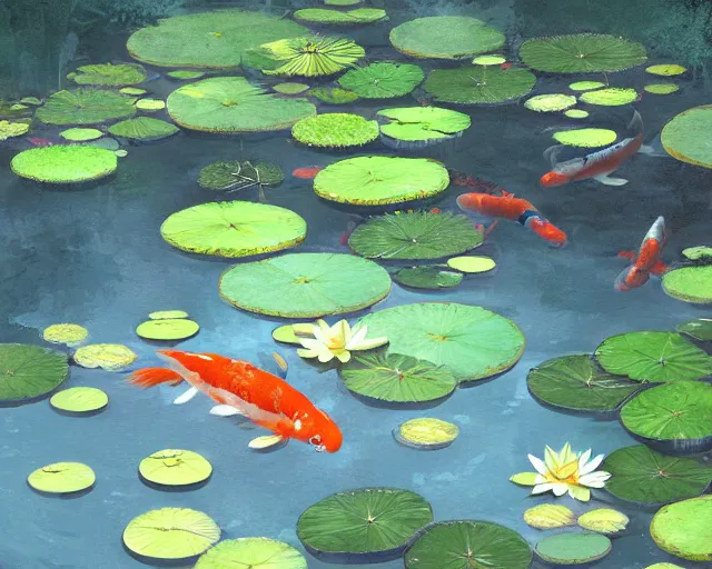 Image similar to koi pond, lotus flowers, dark blue water, green lily pads, goldfish, a fantasy digital painting by makoto shinkai and greg rutkowski, trending on artstation,